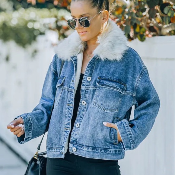 a peach Jackets & Blazers - Pocketed Faux Fur Denim Jacket